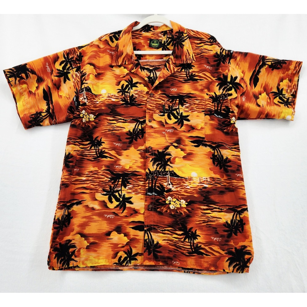 Corssel Hawaiian Shirt Mens XXL Orange Sunset Palm Tree Tropical Button Down‎
